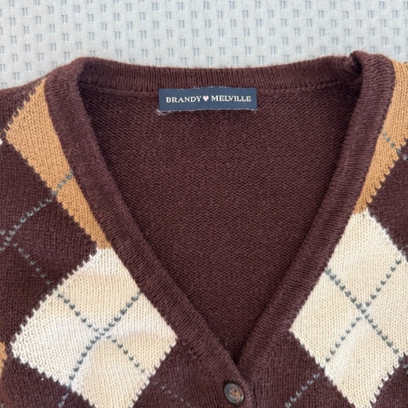 Brandy Melville John Galt Brown White Elizabeth Sweater Argyle Print Cardigan OS - Picture 3 of 9